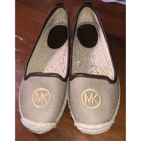 Michael Kors Shoes - NEW Michael Kors Espadrille Flat Shoes Canvas MK Logo Size 7 Tan Golden  ECU